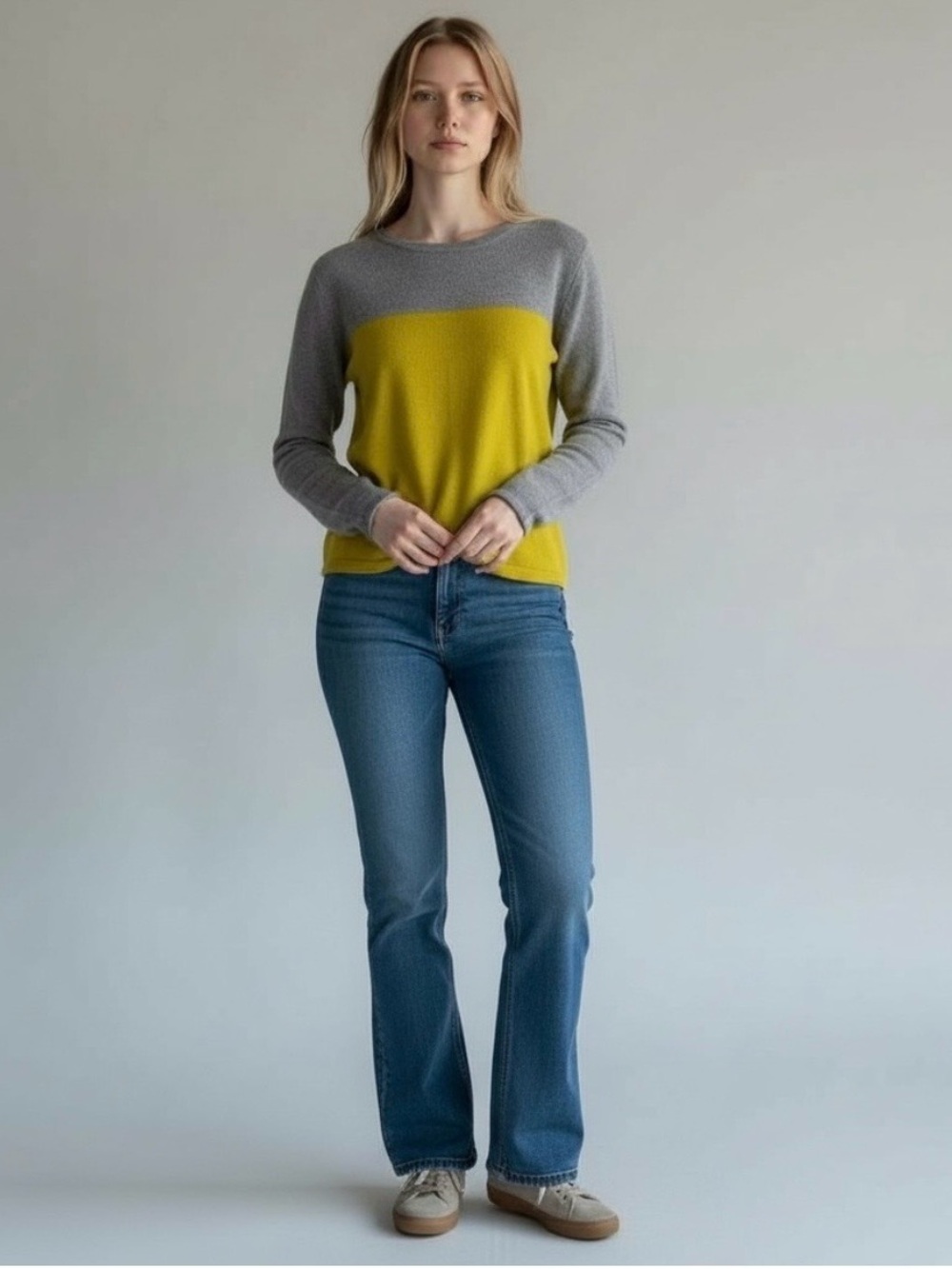 Banana Republic Wool Cashmere Colorblock Grey Yellow Pullover Crew Sweater Sz M